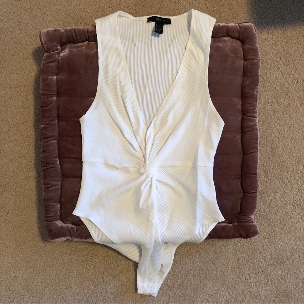 Plunging V white body suit